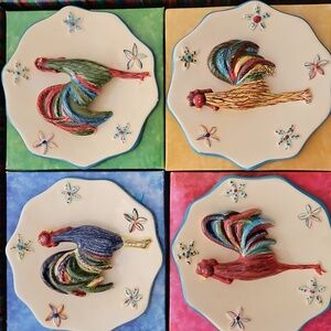 Three Dimensional Rooster Small Plate Plaque Set of 4 Farm Hen House